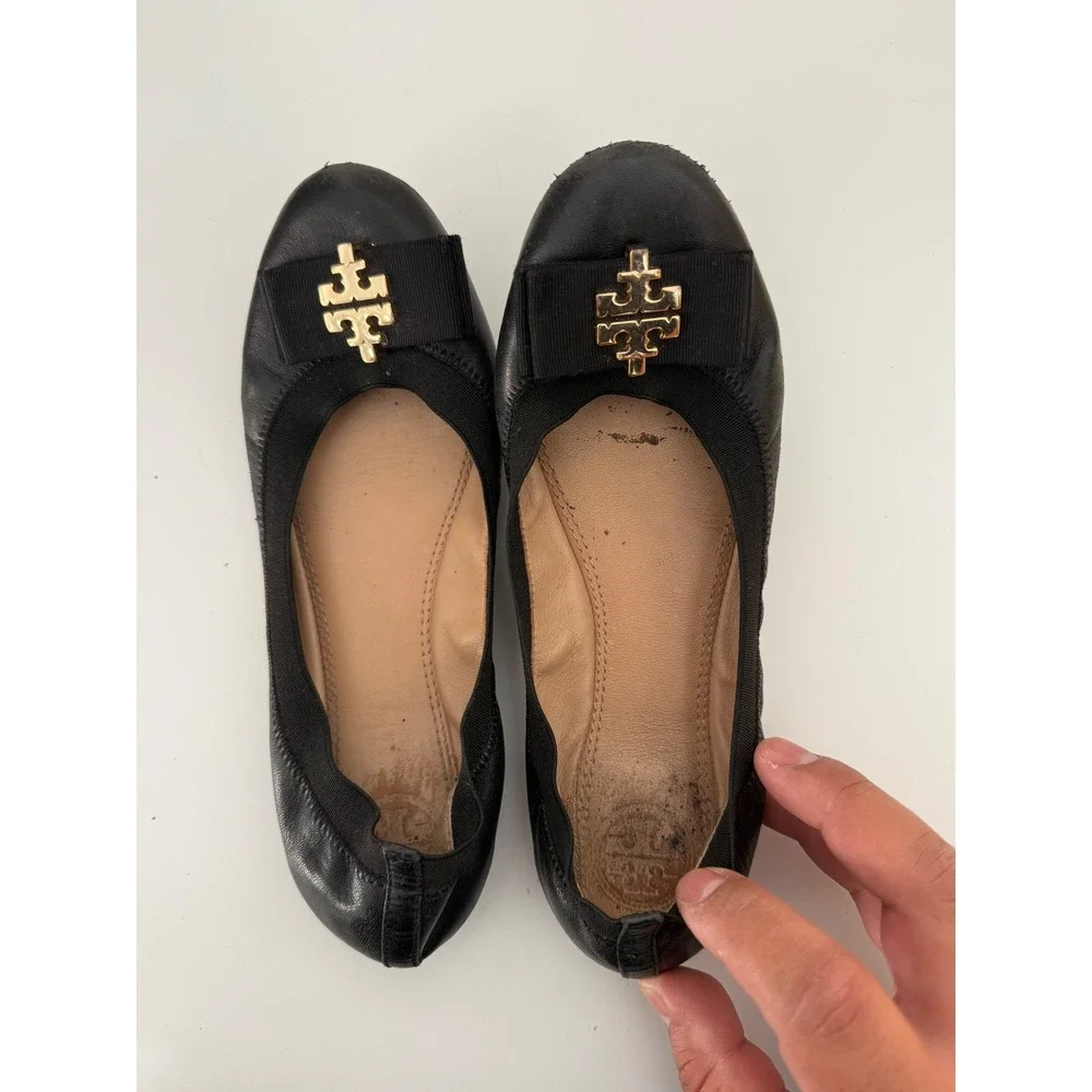 Tory Burch Liana Black Leather Bow Ballet Flats Gold Logo Hardware Round Toe 6.5